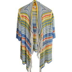 Ruby Rd Woman Blue Haze Striped Open Knit Cardigan Sweater 1X Plus Fringe Summer